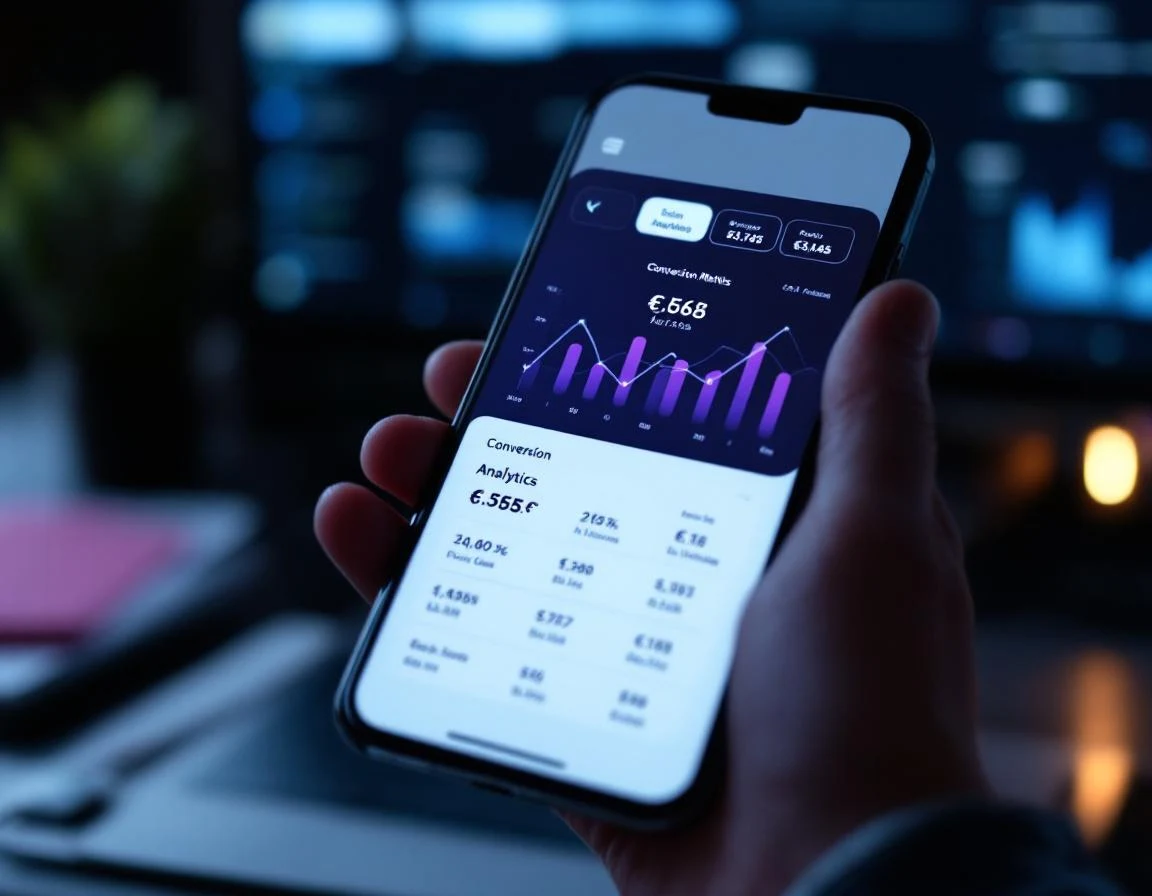 Smartphone in hand met dashboard van conversie-metrics, verlies-cijfers in dark UI
