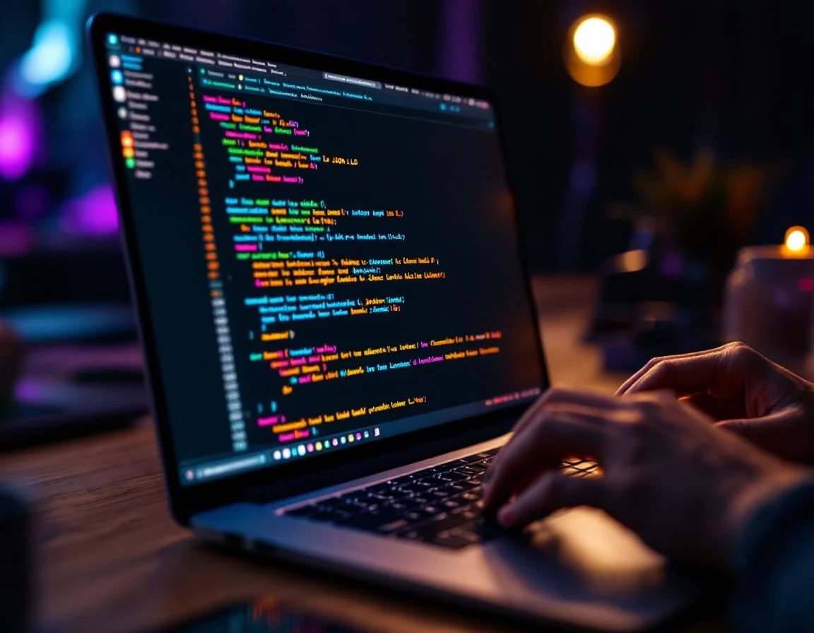 Macro shot van JSON-LD schema code op laptop scherm met syntax highlighting