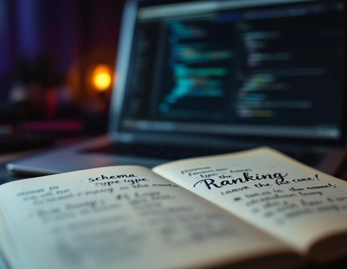 Open notebook met handgeschreven schema.org-types lijst, laptop op achtergrond