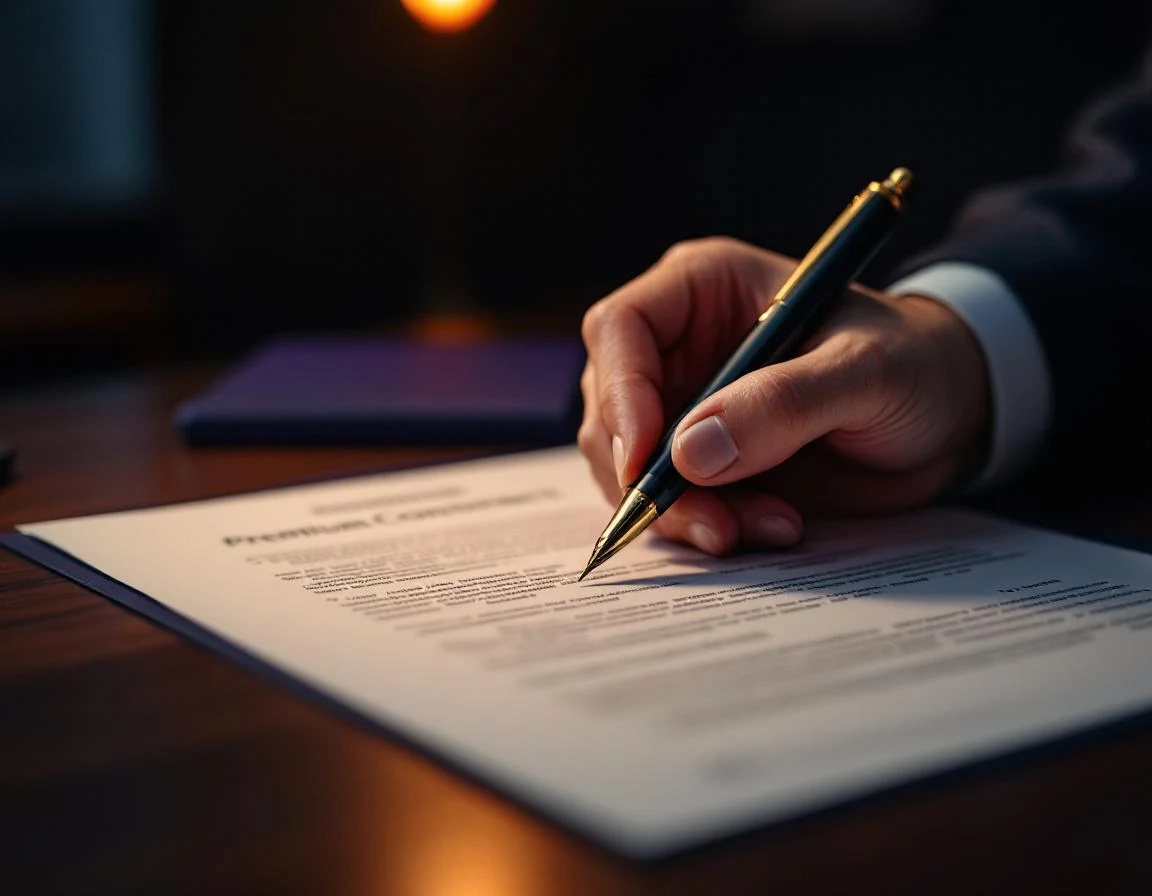 Macro shot van handen die overeenkomst tekenen met gouden pen op donkere bureautafel