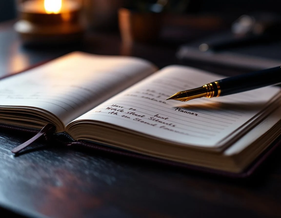 Macro shot van leather planner met datums gemarkeerd, audit-roadmap vs maandelijkse retainer