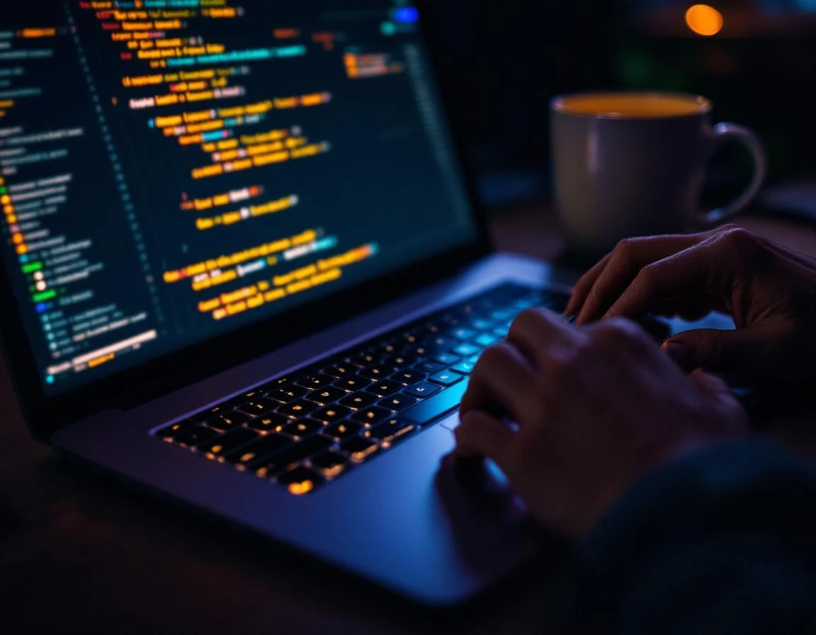 Macro shot van handen typend op donker mechanisch keyboard met glowing JSON-LD code op laptop scherm