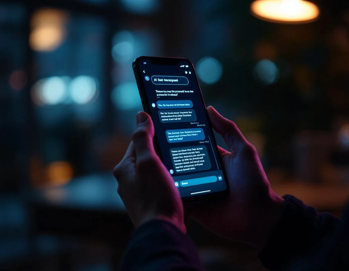 Persoon in silhouet houdt smartphone vast met AI chat interface, knowledge graph in LLM-tijdperk