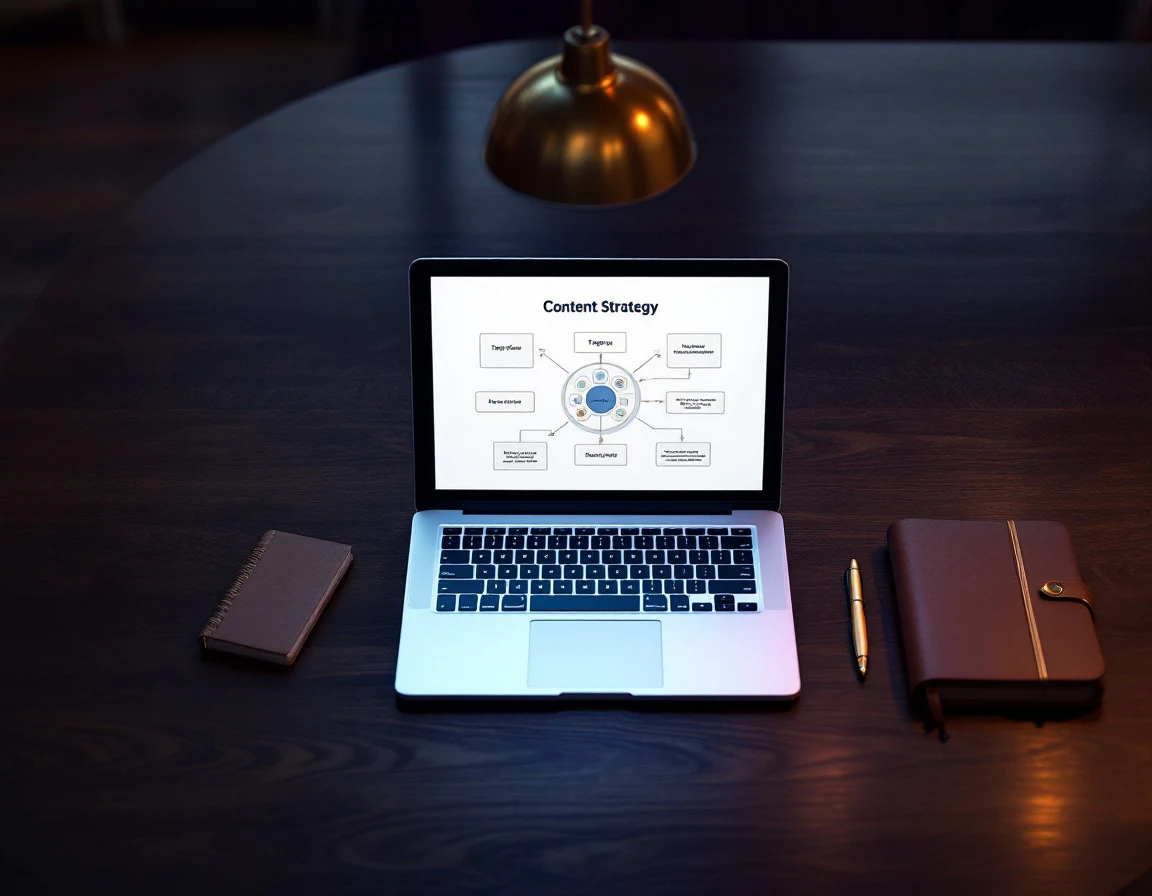 Laptop op een donkere vergadertafel met een content-strategie document en een georganiseerd topic-cluster diagram