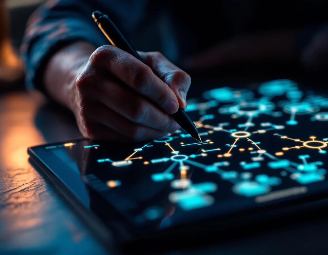 Hand schetst een topical map met een stylus op een tablet, een vertakkende node-en-lijn structuur