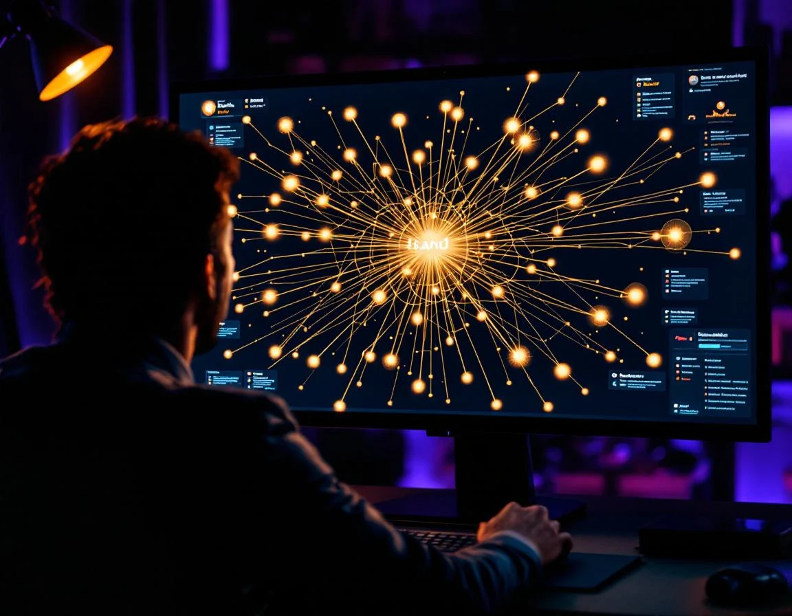 Marketeer bekijkt AI-citation netwerk visualisatie op groot scherm, AI search engine optimization