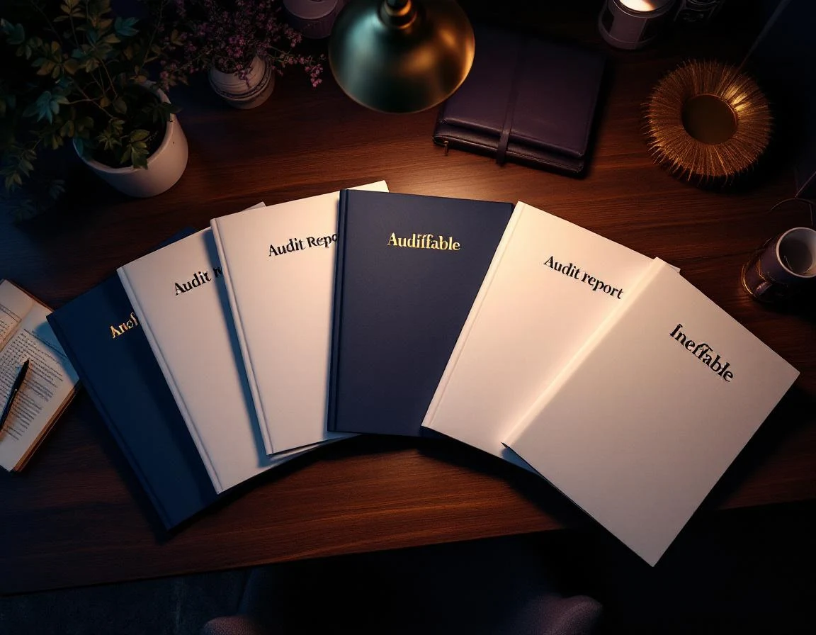Vijf anonieme audit-rapporten op donker bureau met goud accent licht, Ineffable cases overzicht