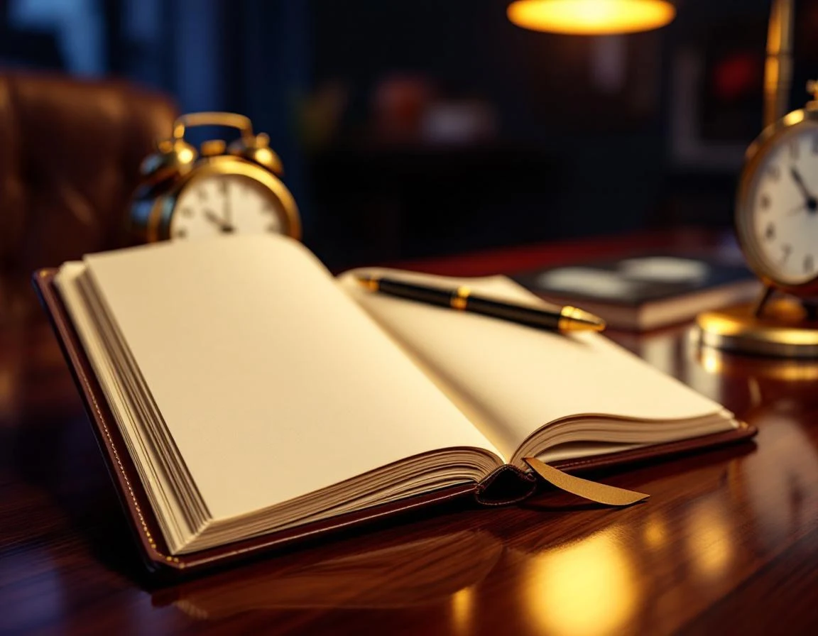 Premium leather notebook met gouden pen op donker bureau, contact en planning Ineffable
