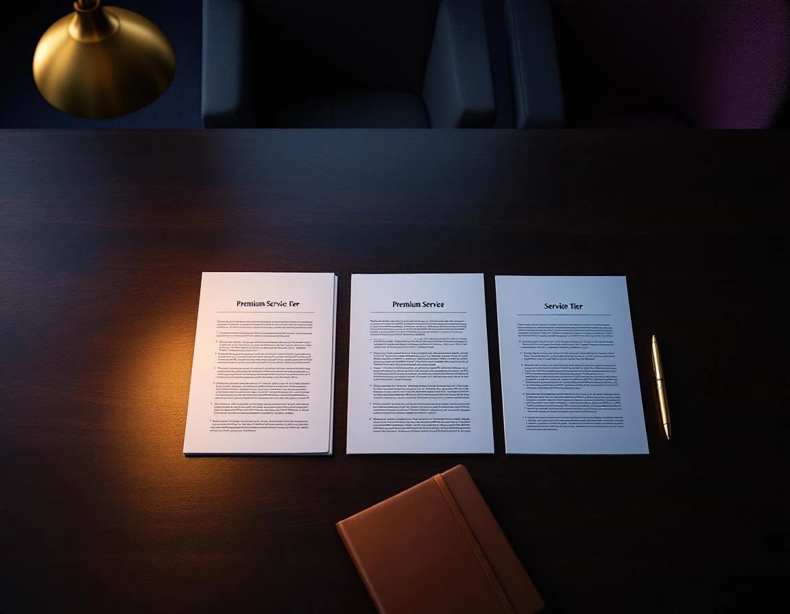 Boardroom met audit-pakketten en pricing-tier vergelijking op donkere tafel, Ineffable diensten