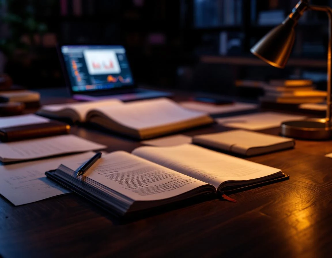 Opene boek-bibliotheek met SEO-research papers en open laptop, Ineffable inzichten methodiek hub