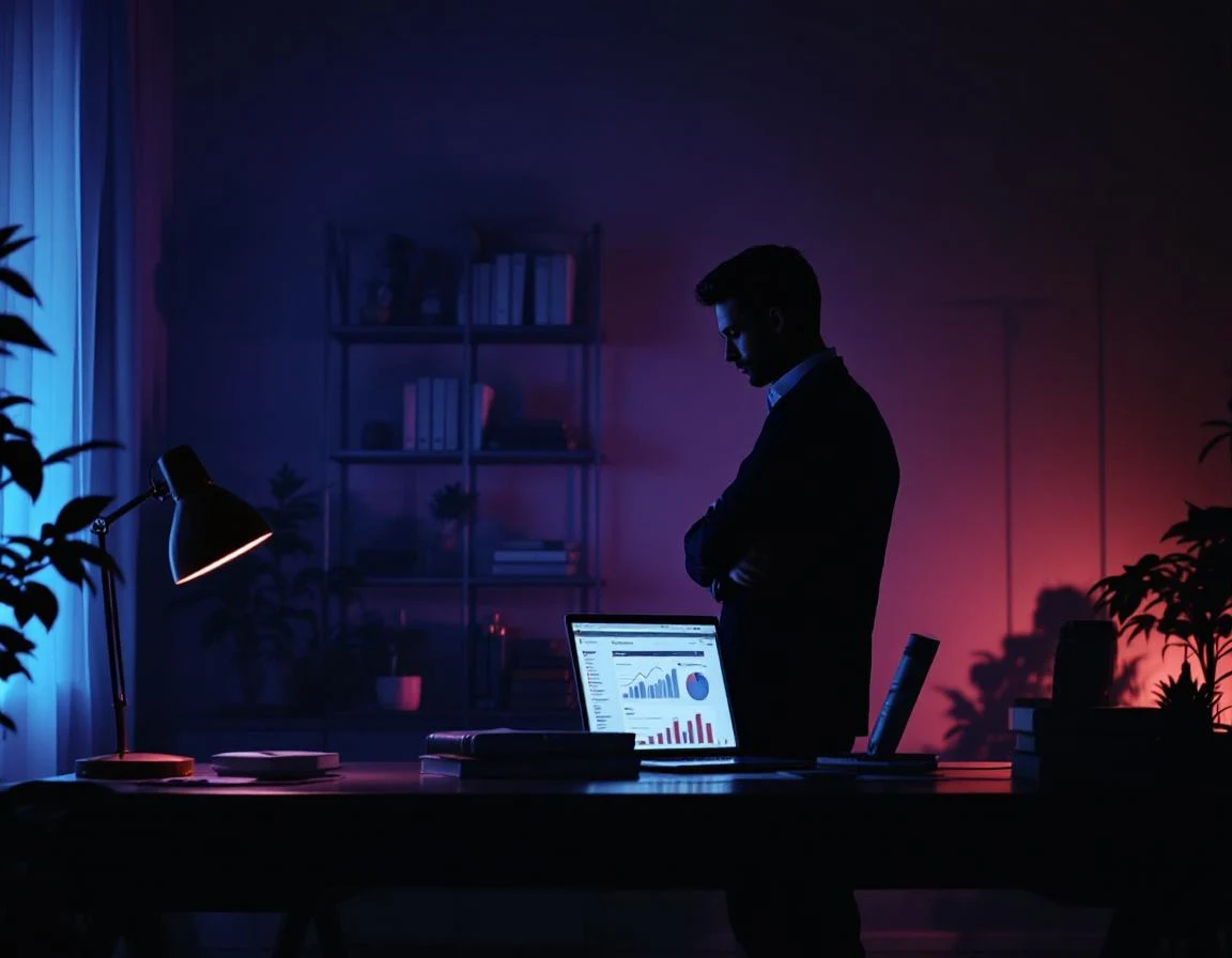 SEO-veteran in dark workspace omringd door 18-jaar SEO-history boeken en research, Daniel-verhaal